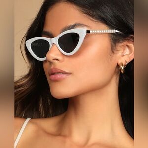 Anthropologie Chic White Cat-Eye Sunglasses with Pearl and Gold Accents